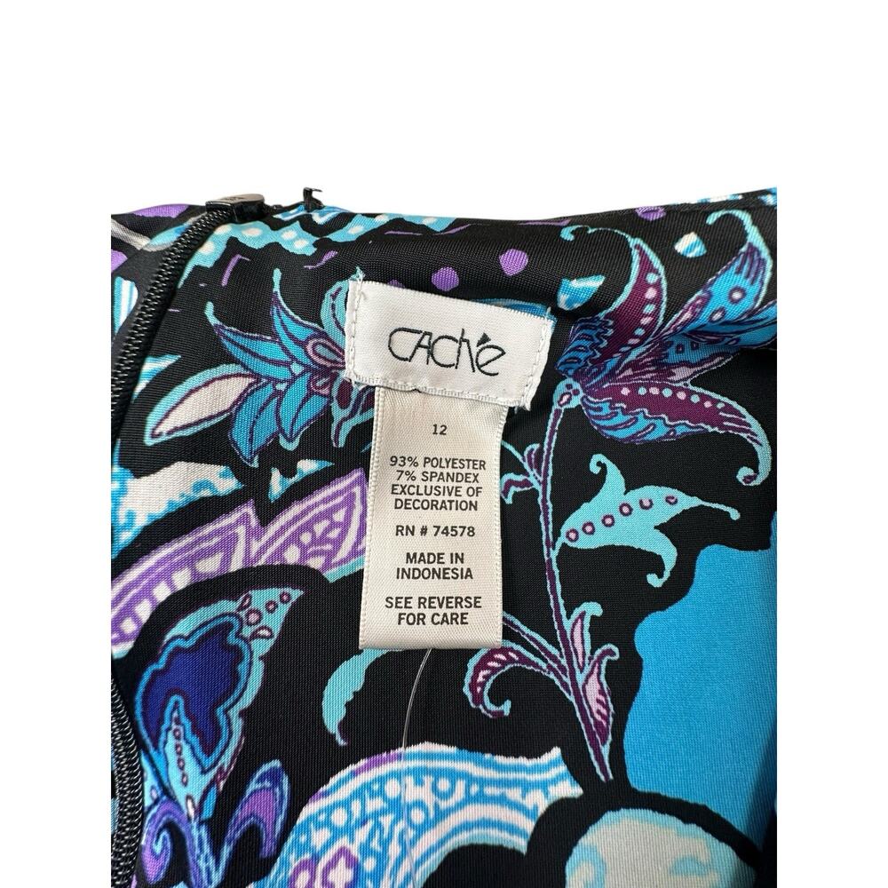 Cache Abstract Paisley Wrap Front Dress Purple Blue Black Ruched Y2K Sz 12 NWT - Picture 4 of 9